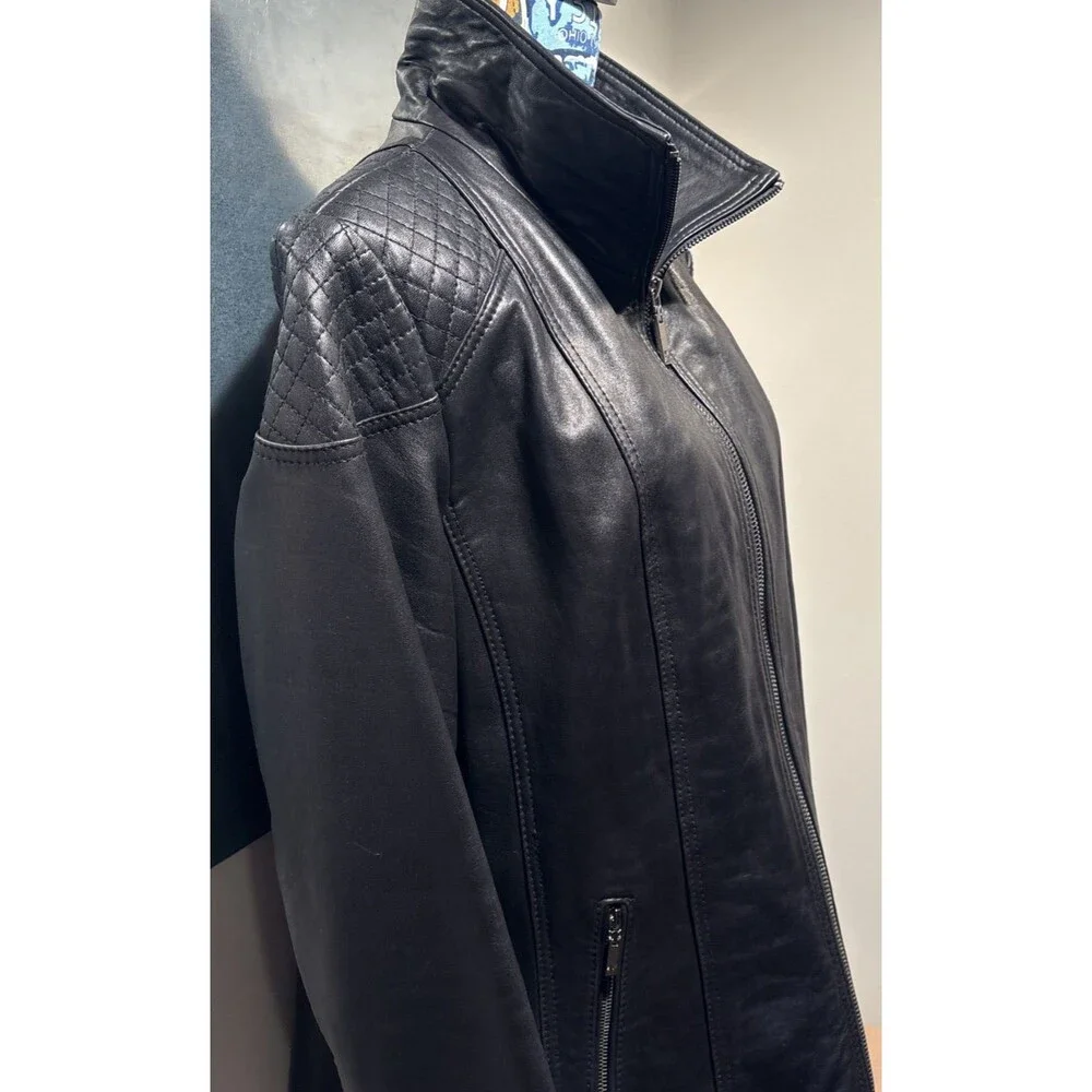 "Anne Klein Coat" Moto Jacket 2X Black 100% Leather Quilted Shoulders Full Zip - Picture 2 of 16